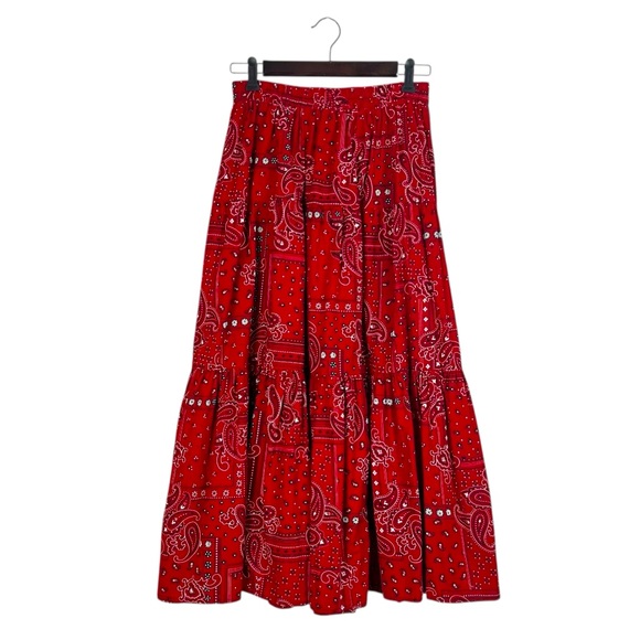 VINTAGE VRG SPORT Red Paisley Bandana Print Tiered Maxi Skirt Elastic Waist MED - Picture 7 of 12